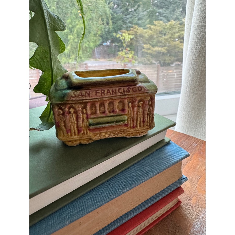 Vintage San Francisco Cable Car Ceramic Toothpick Holder Green Glaze Souvenir